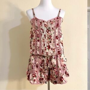 HONEY BUNCH Japanese satin lace pockets Rose Rompers pleated women’s size M Boho